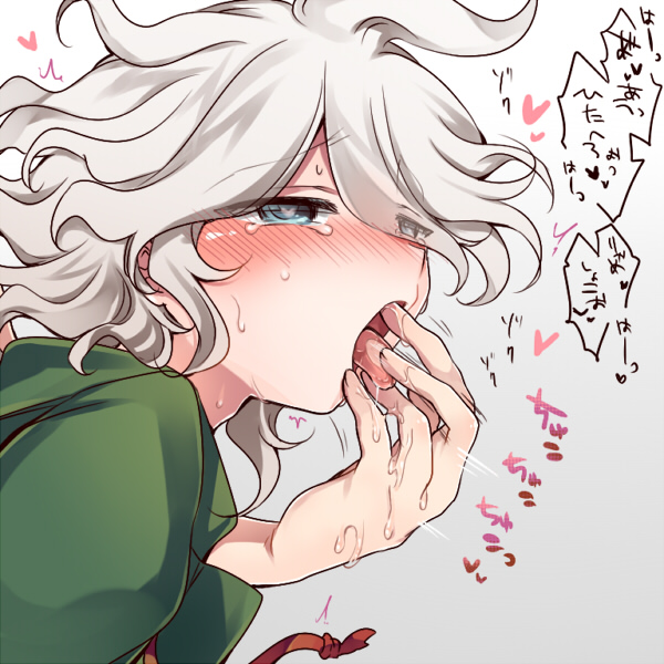 2boys bangs blue_eyes blush commentary_request danganronpa_(series) danganronpa_2:_goodbye_despair eyebrows_visible_through_hair finger_in_another's_mouth green_jacket grey_hair heart hoshihuri jacket komaeda_nagito large_hands male_focus messy_hair multiple_boys open_mouth silver_hair simple_background solo_focus sweat tearing_up tears tongue translation_request upper_body yaoi