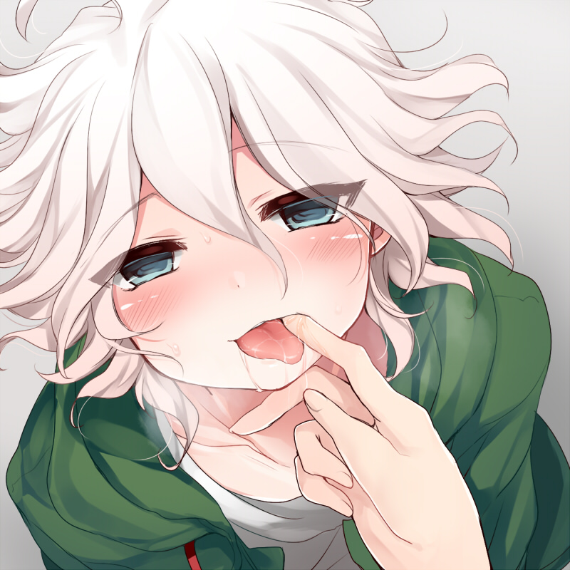 1boy 1other bangs blue_eyes blush collarbone commentary_request danganronpa_(series) danganronpa_2:_goodbye_despair eyebrows_visible_through_hair face finger_in_another's_mouth gradient gradient_background green_jacket grey_background hair_between_eyes hoshihuri jacket komaeda_nagito looking_at_viewer messy_hair open_clothes open_jacket open_mouth saliva shirt solo sweat tongue tongue_out white_hair