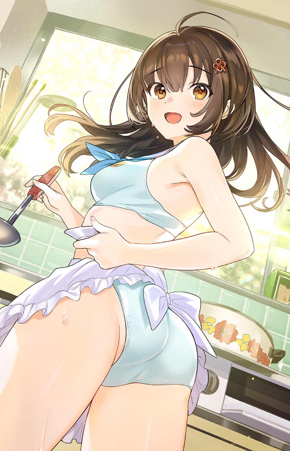 "rouhou"_ore_no_iinazuke_ni_natta_jimiko_ie_dewa_kawaii_shikanai. 1girl :d ahoge apron aqua_bra aqua_panties ass bare_arms bare_shoulders bra brown_hair cowboy_shot frilled_apron frills from_behind hair_ornament hairclip highres holding ladle long_hair looking_at_viewer looking_back neckerchief open_mouth orange_eyes panties smile solo tan_(tangent) twisted_torso underwear underwear_only waist_apron watanae_yuuka