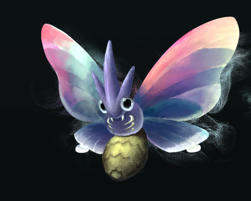 black_background black_eyes bug commentary_request fangs full_body gen_1_pokemon guodon insect looking_at_viewer moth no_humans pokemon pokemon_(creature) solo venomoth