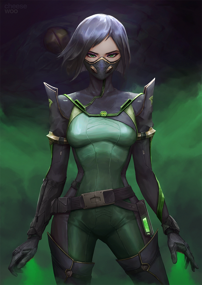 1girl armor bangs belt belt_pouch black_bodysuit black_gloves black_hair bodysuit boots breasts cowboy_shot floating_hair gas_mask gloves green_bodysuit green_eyes green_smoke highres isaac_liew looking_at_viewer mask medium_breasts mouth_mask pauldrons poison pouch short_hair shoulder_armor smoke solo swept_bangs thigh_boots thighhighs valorant viper_(valorant)