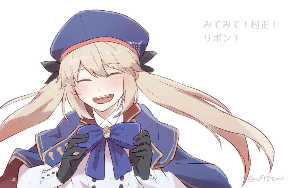 1girl artoria_pendragon_(all) artoria_pendragon_(caster)_(fate) bangs beret black_gloves blonde_hair blue_headwear blush cloak close-up closed_eyes coat eyebrows_visible_through_hair fate/grand_order fate_(series) gloves hat no7star ribbon simple_background smile solo translation_request twintails twitter_username white_background