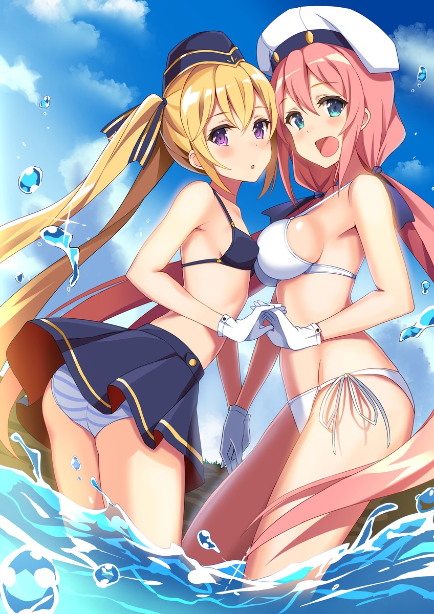 2girls :d :o arched_back ass bare_arms bare_shoulders bikini black_bikini black_headwear black_skirt blonde_hair blue_eyes blue_sky breasts day from_side gloves groin hair_ribbon halterneck hat highres holding_hands interlocked_fingers long_hair looking_at_viewer low_twintails medium_breasts miniskirt mismatched_bikini multiple_girls open_mouth original outdoors parted_lips pink_hair pleated_skirt purple_eyes ribbon sailor_hat side-tie_bikini skirt sky small_breasts smile standing strap_gap string_bikini striped striped_bikini swimsuit thighs twintails twisted_torso very_long_hair wading water white_bikini white_gloves white_headwear yuuki_yuu