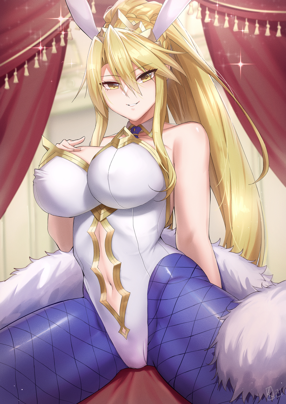 1girl ahoge animal_ears artoria_pendragon_(all) artoria_pendragon_(swimsuit_ruler)_(fate) bangs bare_shoulders blonde_hair blue_legwear blue_neckwear blush braid breasts cleavage clothing_cutout commentary detached_collar fate/grand_order fate_(series) feather_boa fishnet_legwear fishnets french_braid green_eyes hair_between_eyes highleg highleg_leotard highres kakeku large_breasts leotard long_hair looking_at_viewer navel navel_cutout necktie pantyhose playboy_bunny ponytail rabbit_ears sidelocks smile solo tiara white_leotard wrist_cuffs