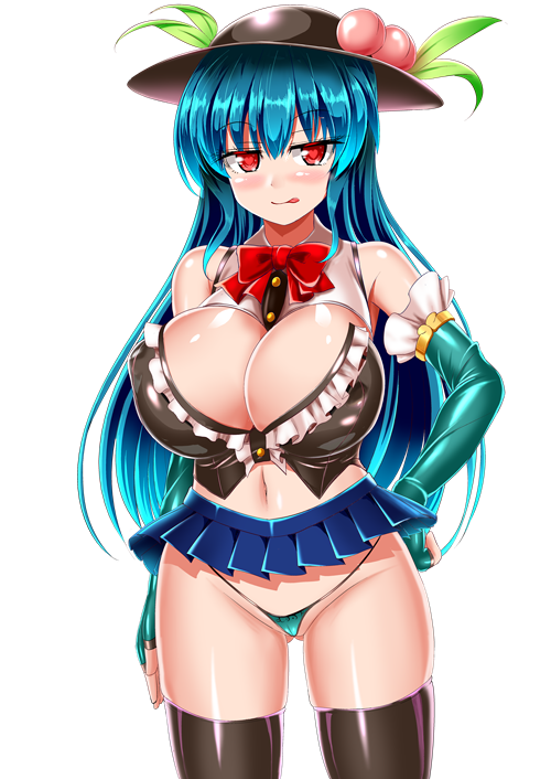 1girl aqua_gloves aqua_panties black_headwear blue_hair blue_skirt bow breasts buttons elbow_gloves fingerless_gloves food frills fruit gloves hat heart heart-shaped_pupils hinanawi_tenshi honda_takaharu large_breasts leaf long_hair microskirt midriff panties peach red_eyes revealing_clothes skirt symbol-shaped_pupils tagme thighhighs thong tongue tongue_out touhou underwear