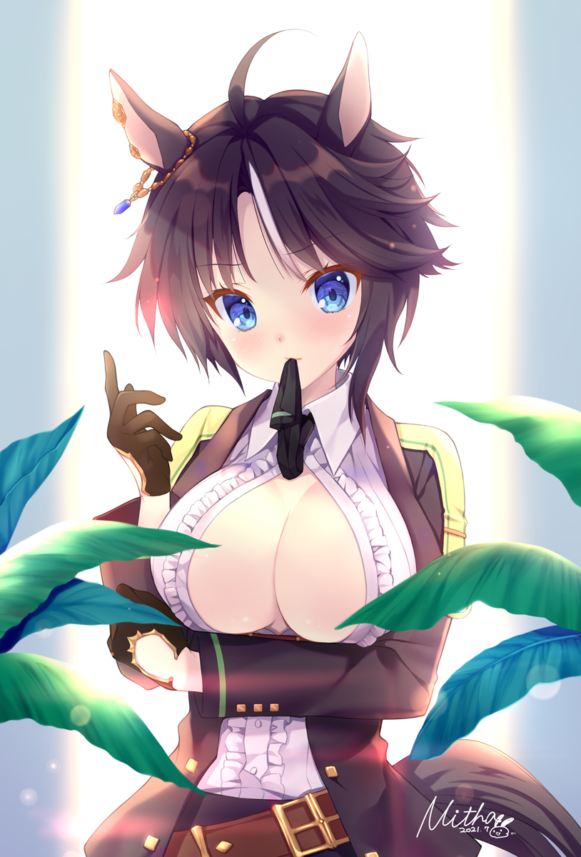 1girl ahoge animal_ears bangs belt black_gloves black_hair black_jacket blue_eyes breasts brown_belt center_frills cleavage closed_mouth collared_shirt commentary_request dated dress_shirt eyebrows_visible_through_hair frills fuji_kiseki_(umamusume) gloves hand_up highres horse_ears horse_girl horse_tail jacket medium_breasts mitha mouth_hold multicolored_hair open_clothes open_shirt parted_bangs shirt signature solo streaked_hair tail umamusume upper_body white_hair white_shirt