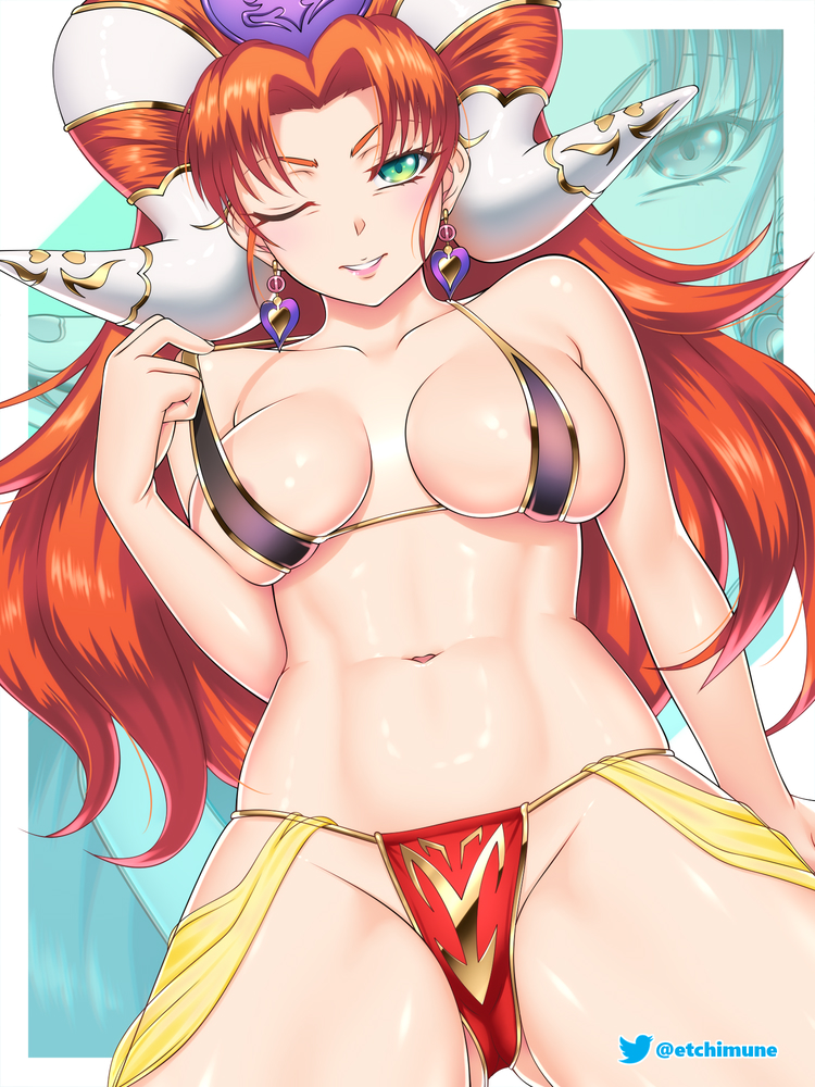 1girl areola_slip areolae ass_visible_through_thighs bikini breasts commission cowboy_shot earrings etchimune grandia grandia_ii green_eyes hair_on_horn headpiece heart heart_earrings hip_vent horn_ornament horns jewelry large_breasts long_hair looking_at_viewer micro_bikini millenia_(grandia) navel one_eye_closed orange_hair pink_lips shiny shiny_skin solo stomach strap_pull swimsuit toned white_horns