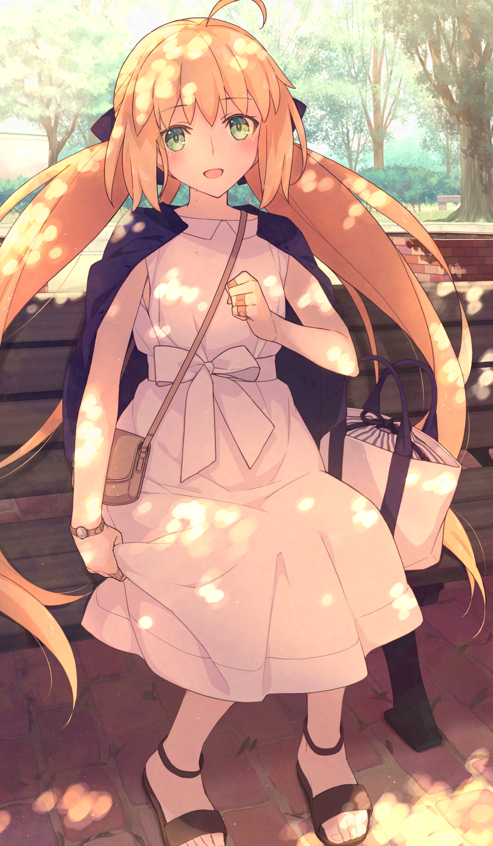 1girl ahoge artoria_pendragon_(all) artoria_pendragon_(caster)_(fate) bag bangs bench blonde_hair blue_jacket blush breasts dress fate/grand_order fate_(series) green_eyes highres jacket jacket_on_shoulders long_hair long_sleeves looking_at_viewer open_mouth park saipaco sandals shoulder_bag sitting small_breasts smile solo tree twintails white_dress