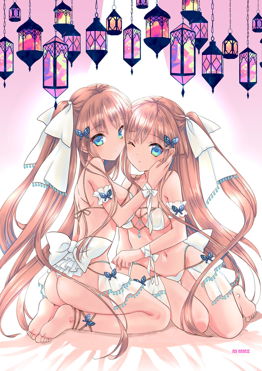 2girls arm_cuffs artist_name ass back bangs barefoot bow bra breasts brown_hair butterfly_hair_ornament commentary_request eyebrows_visible_through_hair feet hair_ornament head_to_head highres kneeling long_hair looking_at_viewer medium_breasts multiple_girls nanase_aoi navel one_eye_closed original panties siblings sideboob sidelocks stomach thighs toes twins twintails underwear very_long_hair white_bow white_bra white_panties