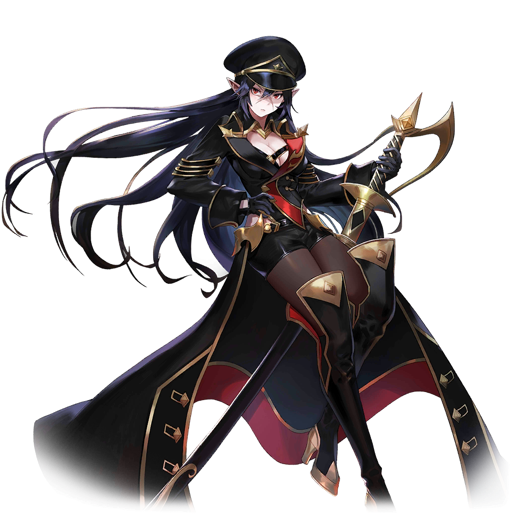 1girl artist_request avencia black_hair boots breasts cleavage elf gloves hair_between_eyes hat high_heel_boots high_heels holding holding_sword holding_weapon large_breasts long_hair long_sleeves looking_at_viewer official_art pantyhose pointy_ears red_eyes scar scar_on_face sheath sheathed shorts solo sword thigh_boots thighhighs transparent_background valkyrie_connect very_long_hair weapon