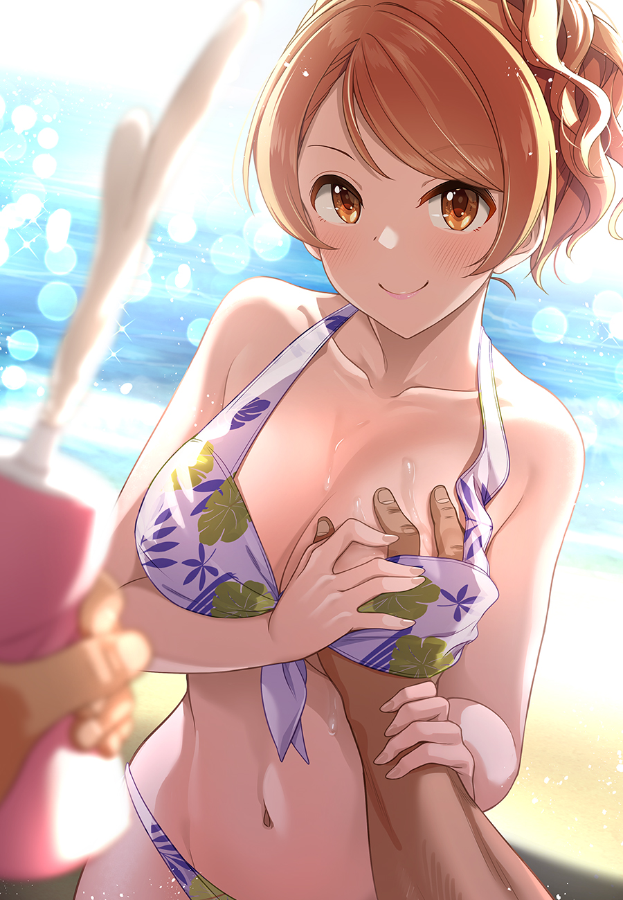 1boy 1girl bare_shoulders blurry breast_grab breast_press breasts brown_eyes brown_hair cleavage collarbone commentary_request depth_of_field floral_print grabbing guided_breast_grab hair_up halterneck highres houjou_karen idolmaster idolmaster_cinderella_girls light_particles lotion mk_(mod0) navel smile solo_focus squeezing sunscreen swimsuit water