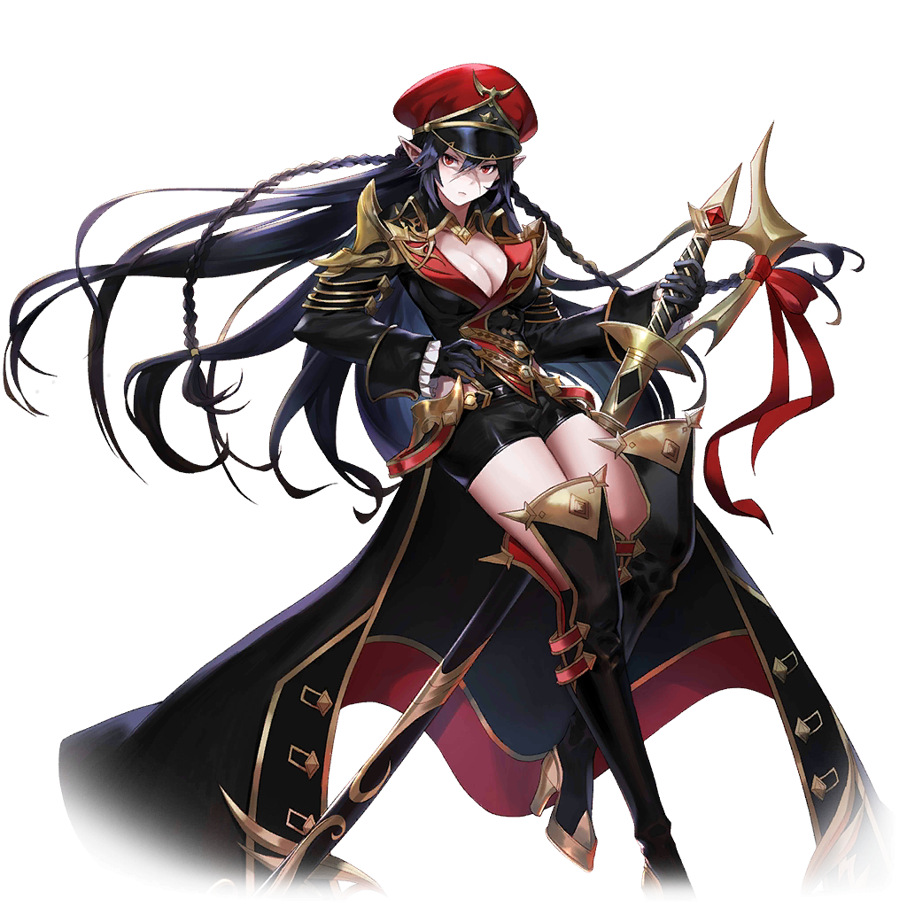 1girl artist_request avencia black_hair boots braid breasts cleavage elf gloves hair_between_eyes hat high_heel_boots high_heels holding holding_sword holding_weapon large_breasts long_hair long_sleeves looking_at_viewer official_art pantyhose pointy_ears red_eyes scar scar_on_face sheath sheathed shorts solo sword thigh_boots thighhighs transparent_background twin_braids valkyrie_connect very_long_hair weapon