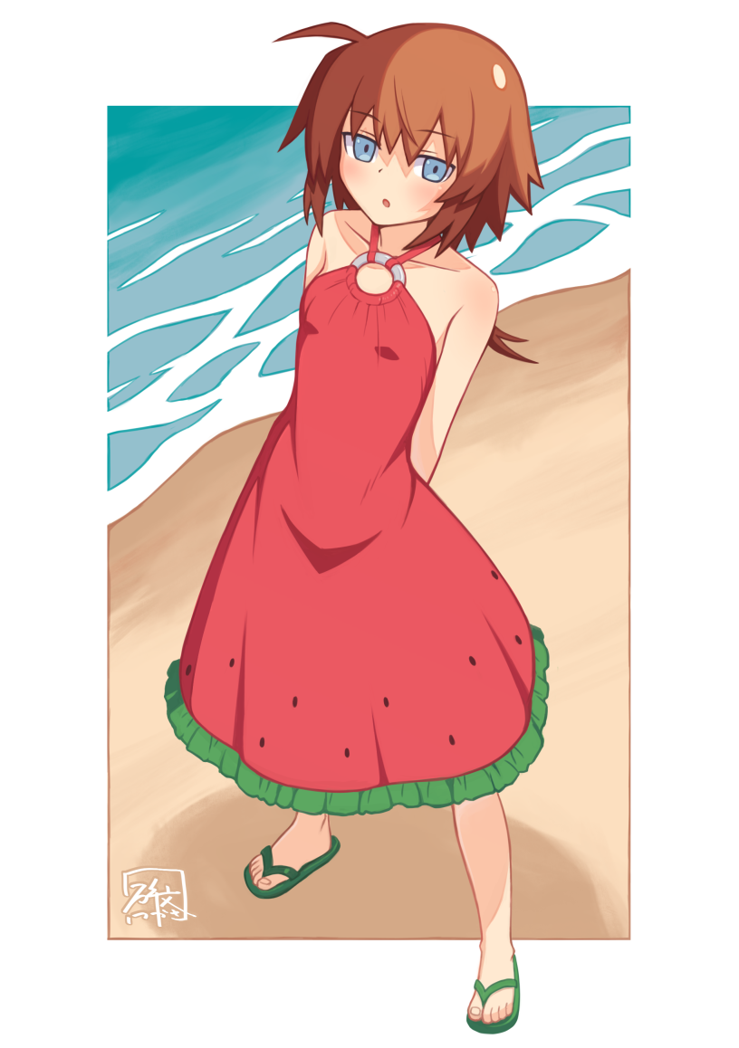 1girl :o arms_behind_back artist_name bangs beach blue_eyes brown_hair casual commentary day dress food_print frilled_dress frills full_body green_footwear halterneck hibun_tsukasa looking_at_viewer lyrical_nanoha mahou_shoujo_lyrical_nanoha mahou_shoujo_lyrical_nanoha_a's mahou_shoujo_lyrical_nanoha_a's_portable:_the_battle_of_aces material-s medium_dress outdoors outside_border parted_lips print_dress red_dress sandals short_hair signature solo standing water watermelon_print