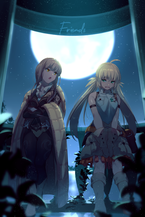 2girls ahoge armlet artoria_pendragon_(all) artoria_pendragon_(caster)_(fate) bangs bare_shoulders black_bodysuit blonde_hair blush bodysuit boots buttons commentary_request crossed_arms echo_(circa) english_text eyebrows_visible_through_hair fate/grand_order fate_(series) frills gloves green_eyes grey_footwear grey_gloves hair_between_eyes knocknarea_(fate) long_hair looking_at_another moon multiple_girls night night_sky open_mouth panties pink_hair plant pocket scarf sky sleeveless standing thighs twintails underwear very_long_hair yellow_eyes