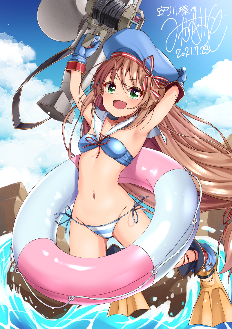 1girl :d armpits bangs bikini blue_bikini blue_gloves blue_headwear blush brown_hair cloud cloudy_sky commentary_request commission dated day eyebrows_visible_through_hair gloves green_eyes hat hisakabe_oune holding innertube irina_bondarchuk iris_mysteria! long_hair looking_at_viewer navel ocean open_mouth sidelocks signature skeb_commission sky smile solo stomach striped striped_bikini swimsuit very_long_hair