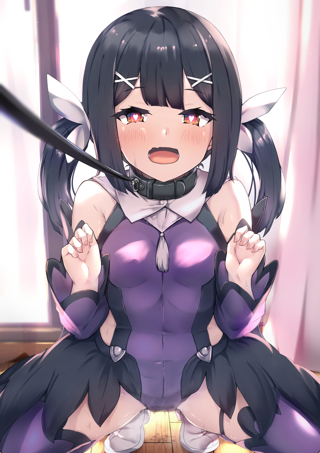 1girl :d animal_collar bangs bare_shoulders black_hair blunt_bangs blurry blush breasts cameltoe cape chestnut_mouth collar commission curtains depth_of_field detached_sleeves eyebrows_visible_through_hair fate/kaleid_liner_prisma_illya fate_(series) hair_ornament hairclip heart heart-shaped_pupils highres hypnosis indoors jon_(pixiv31559095) leash leotard long_hair looking_at_viewer magical_girl mind_control miyu_edelfelt open_mouth purple_legwear purple_leotard purple_sleeves pussy_juice pussy_juice_puddle shoes sidelocks skeb_commission skindentation small_breasts smile solo squatting sweat symbol-shaped_pupils thighhighs thighs tiptoes twintails viewer_holding_leash white_cape white_footwear wooden_floor x_hair_ornament yellow_eyes