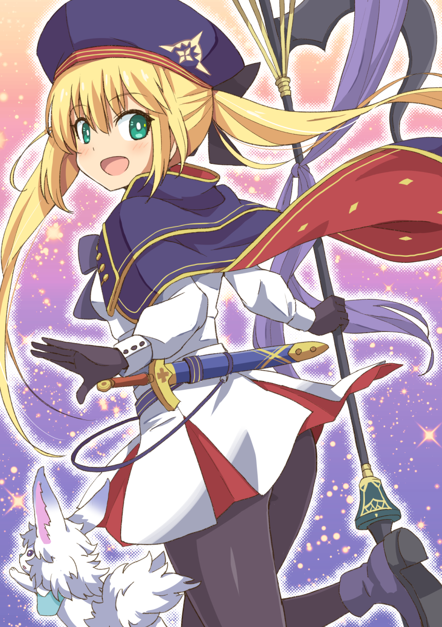 1girl artoria_pendragon_(all) artoria_pendragon_(caster)_(fate) bangs beret black_gloves black_legwear blonde_hair blue_cape blue_footwear blue_headwear bright_pupils cape commentary dress fate/grand_order fate_(series) fou_(fate) from_behind gloves greece hat highres holding holding_staff leg_up long_hair long_sleeves looking_at_viewer looking_back open_mouth outline pantyhose pleated_dress red_cape shoes short_dress short_sword smile solo sparkle staff standing standing_on_one_leg sword twintails two-sided_cape two-sided_fabric weapon white_dress white_outline white_pupils xiafuizui