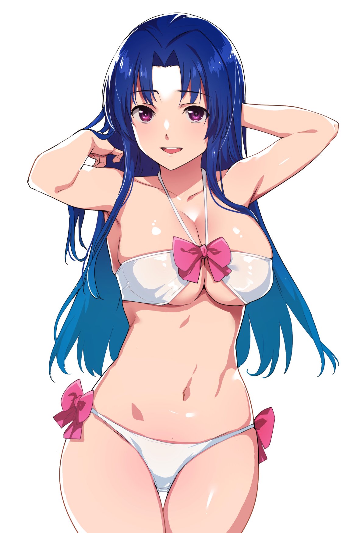 armpit_peek arms_up bikini blue_hair bow breasts caress highres kawashima_ami large_breasts long_hair midriff navel pink_bow purple_eyes swimsuit tomohiro_kai toradora! white_bikini