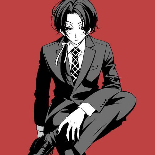 1boy alternate_costume checkered checkered_neckwear formal greyscale hair_ribbon kashuu_kiyomitsu kinoshita_sakura long_hair lowres male_focus mole mole_under_mouth monochrome nail_polish necktie ponytail ribbon sitting solo suit touken_ranbu