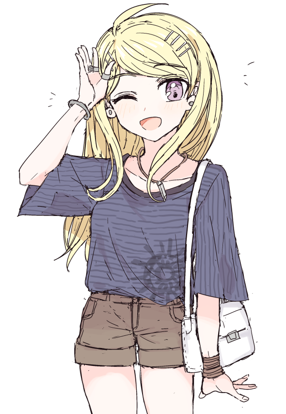 1girl :d ;d akamatsu_kaede amami_rantarou amami_rantarou_(cosplay) arm_at_side bag bangs blonde_hair blush brown_shorts collarbone commentary_request cosplay cowboy_shot danganronpa_(series) danganronpa_v3:_killing_harmony ear_piercing eyebrows_visible_through_hair fc_(efushii) hair_ornament hand_up horizontal_stripes jewelry long_hair looking_at_viewer necklace one_eye_closed open_mouth piercing shiny shiny_hair shirt shirt_tucked_in short_shorts short_sleeves shorts shoulder_bag smile solo striped striped_shirt white_background white_bag wide_sleeves