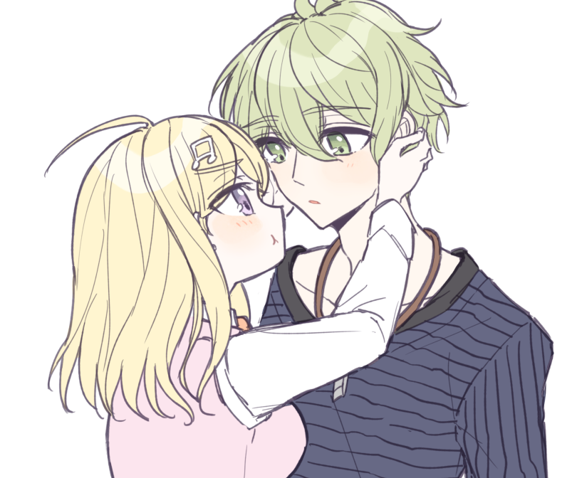 1boy 1girl ahoge akamatsu_kaede amami_rantarou bangs blonde_hair blush breasts commentary_request danganronpa_(series) danganronpa_v3:_killing_harmony eye_contact eyebrows_visible_through_hair fc_(efushii) green_eyes green_hair hair_between_eyes hair_ornament hands_on_another's_face hetero jewelry large_breasts long_hair long_sleeves looking_at_another musical_note_hair_ornament necklace pale_skin parted_lips pink_vest pout purple_eyes shirt simple_background striped striped_shirt sweater_vest upper_body vest white_background