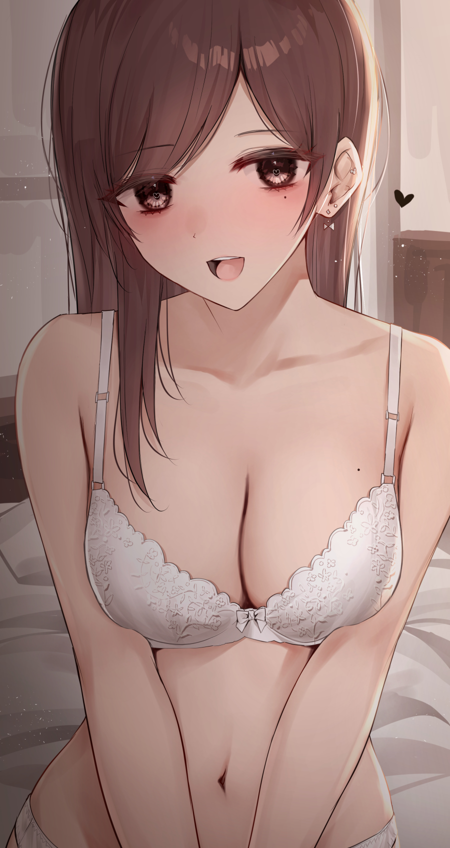 1girl :d bangs bare_arms bare_shoulders bed bed_sheet blush bra breasts brown_eyes brown_hair cleavage collarbone earrings eyebrows_visible_through_hair heart heart-shaped_pupils highres indoors jewelry kanju large_breasts looking_at_viewer mole mole_on_breast mole_under_eye navel open_mouth original panties smile solo swept_bangs symbol-shaped_pupils underwear underwear_only upper_body white_bra white_panties