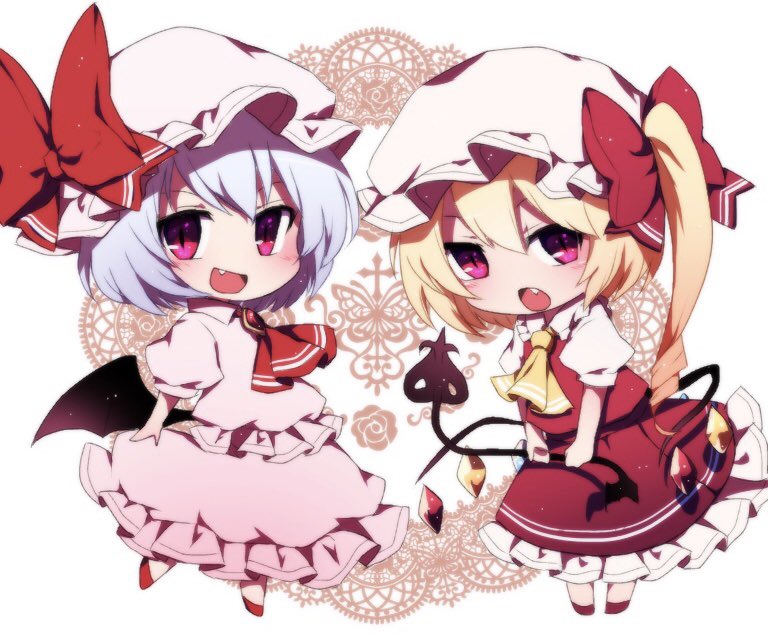 2girls :d :o ascot bangs bat_wings bow chibi crystal dress eyebrows_visible_through_hair fang flandre_scarlet full_body hat hat_bow holding laevatein looking_at_viewer mob_cap multiple_girls one_side_up open_mouth pink_dress pink_headwear puffy_short_sleeves puffy_sleeves purple_hair red_bow red_eyes red_footwear red_neckwear red_skirt red_vest remilia_scarlet shirt short_hair short_sleeves siblings sisters skirt smile standing touhou vest white_headwear white_shirt wings yellow_neckwear you_(noanoamoemoe)