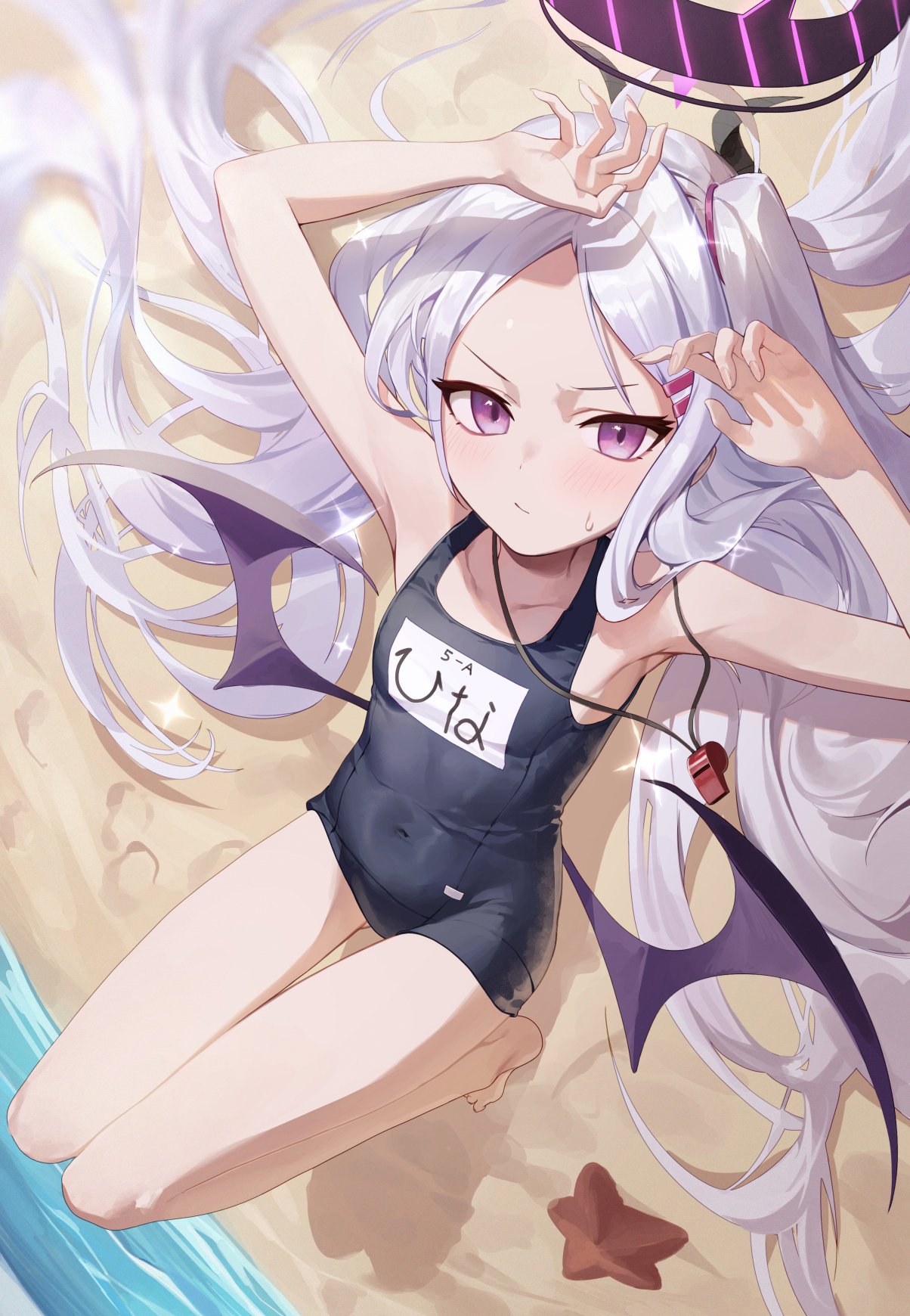 1girl armpits arms_up beach blue_archive blush collarbone commentary_request hair_ornament hairclip halo highres hina_(blue_archive) horns long_hair lying sand school_uniform silver_hair ssangbong-llama wings