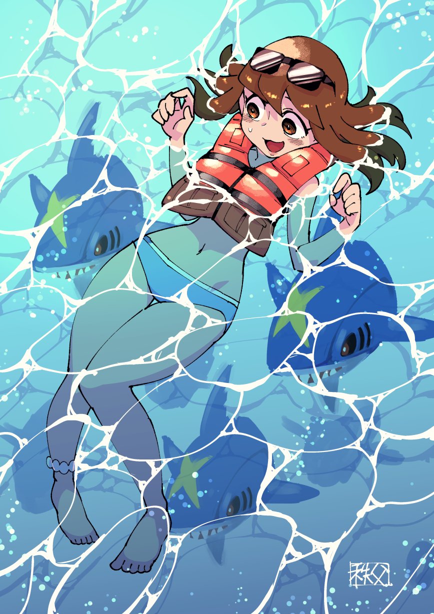 1girl :d afloat anklet barefoot bikini black-framed_eyewear blue_bikini blush brown_eyes brown_hair chichibu_(chichichibu) commentary_request day from_above gen_3_pokemon hands_up highres jewelry navel nervous_smile npc_trainer open_mouth outdoors pokemon pokemon_(creature) pokemon_(game) pokemon_oras sharpedo smile sunglasses swimmer_(pokemon) swimsuit toes tongue water