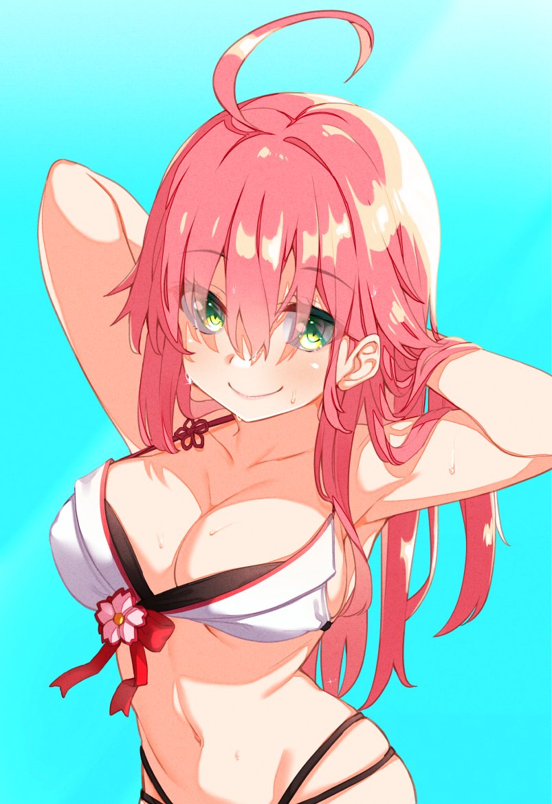 1girl ahoge armpits arms_up breasts cleavage collarbone dodome-iro_mayonnaise eyebrows_visible_through_hair eyes_visible_through_hair green_eyes hololive long_hair navel pink_hair sakura_miko smile solo virtual_youtuber wet wet_hair