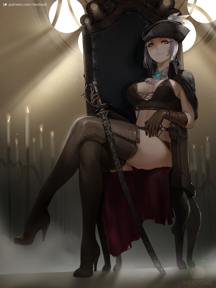 1girl ascot black_footwear blood blood_stain bloodborne bloody_clothes boots breasts brooch brown_gloves candle chair cleavage cravat crop_top crossed_legs gloves hat hat_feather high_collar high_heel_boots high_heels jacket jacket_on_shoulders jewelry lady_maria_of_the_astral_clocktower large_breasts nextoad rakuyo_(bloodborne) silver_hair sitting sword thighhighs tricorne weapon