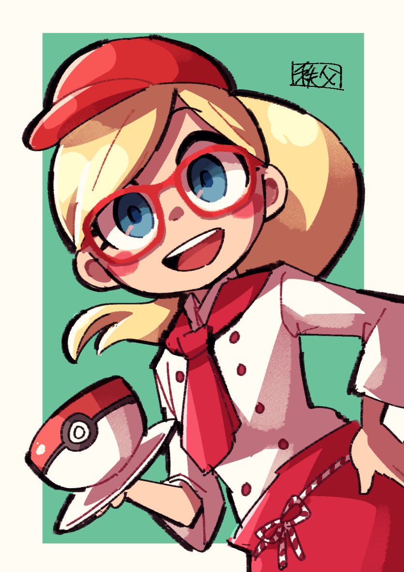 1girl :d apron blonde_hair blue_eyes blush_stickers border chichibu_(chichichibu) commentary_request cup glasses hat holding leah_(pokemon) long_hair open_mouth outside_border pokemon pokemon_cafe_mix ponytail red-framed_eyewear red_apron red_headwear saucer shirt sleeves_past_elbows smile solo tongue upper_teeth waist_apron white_border white_shirt