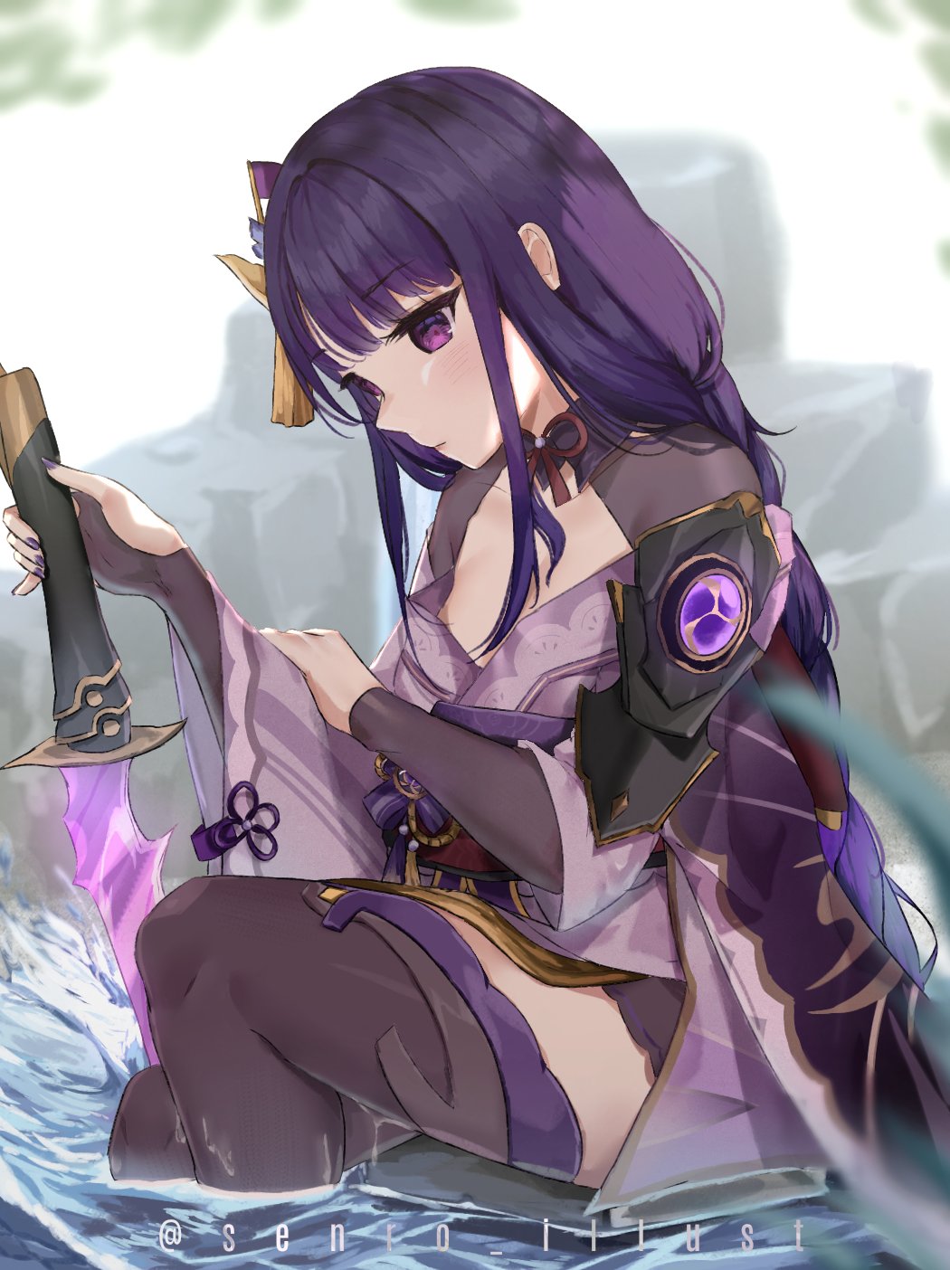 1girl bangs blurry blurry_background blush braid capelet closed_mouth commentary english_commentary from_side genshin_impact hair_ornament highres holding holding_sword holding_weapon japanese_clothes kimono long_hair nail_polish purple_eyes purple_hair purple_nails raiden_(genshin_impact) ribbon sash senro sitting solo sword symbol_commentary tassel thighhighs twitter_username water weapon