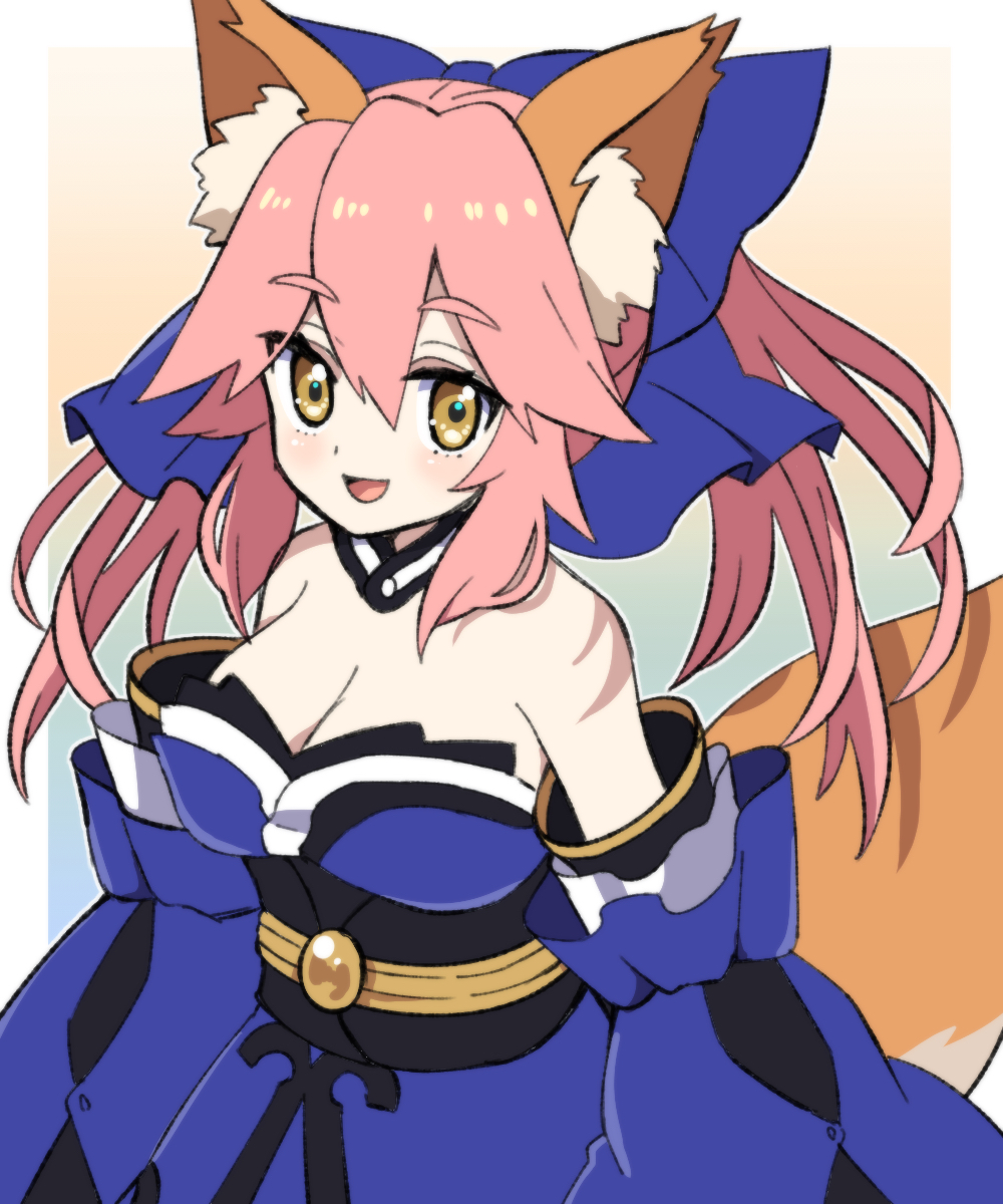 1girl animal_ear_fluff animal_ears bare_shoulders blue_kimono blue_ribbon blush breasts cleavage detached_sleeves eyebrows_visible_through_hair fate/extella fate/extra fate/extra_ccc fate_(series) fox_ears fox_girl fox_tail hair_ribbon highres japanese_clothes kimono large_breasts looking_at_viewer open_mouth pink_hair ribbon solo tail tamamo_(fate)_(all) tamamo_no_mae_(fate) yellow_eyes yoriteruru