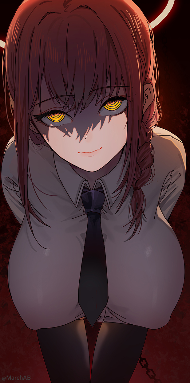 1girl artist_name bangs black_neckwear black_pants braid breasts chain chainsaw_man collared_shirt covered_nipples eyebrows_visible_through_hair gradient gradient_background highres large_breasts leaning_forward looking_at_viewer makima_(chainsaw_man) march_ab necktie pants red_background red_hair ringed_eyes shadow shirt smile solo symbol_commentary white_shirt wing_collar yellow_eyes