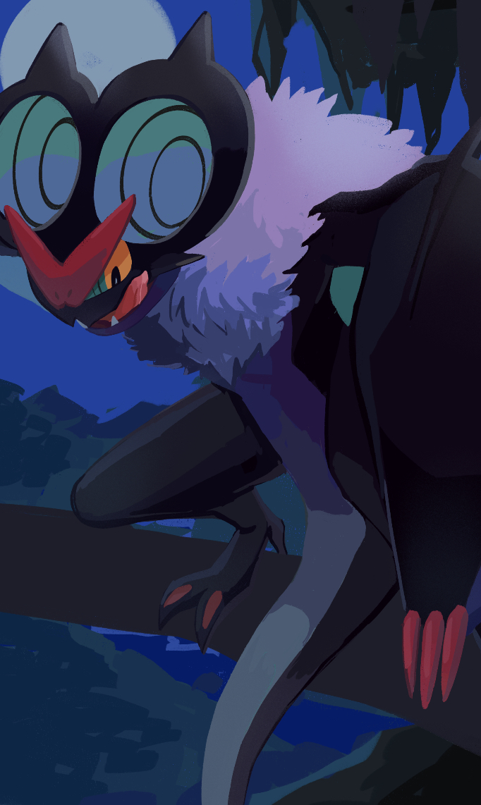 claws colored_sclera fangs gen_6_pokemon green_sclera looking_down moon mo~zu night no_humans noivern open_mouth orange_eyes outdoors pokemon pokemon_(creature) sky solo squatting tongue tree_branch white_fur