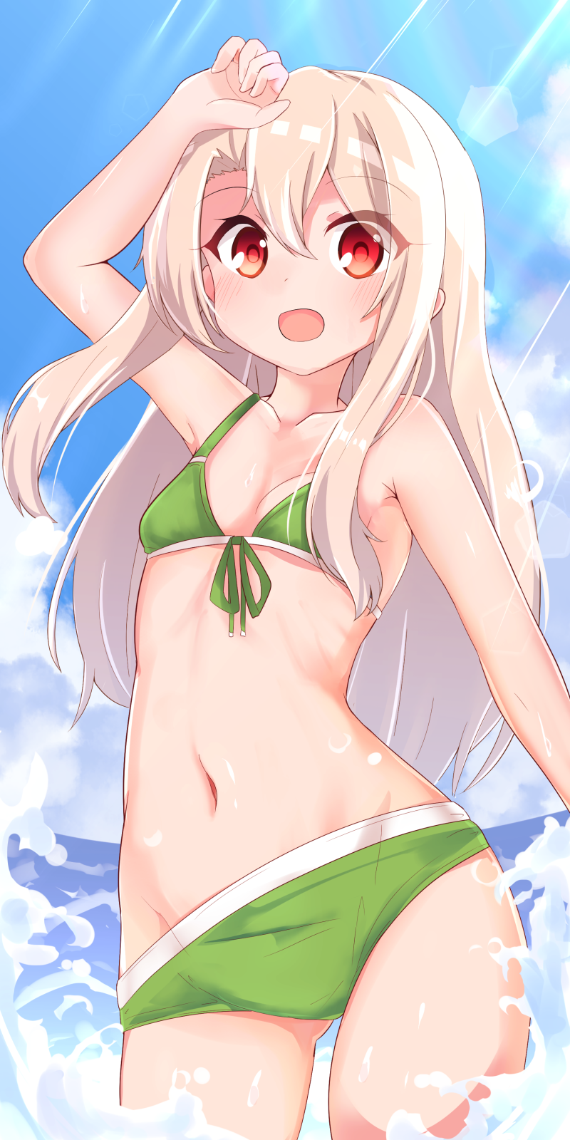 arm_up armpits ass_visible_through_thighs bangs bare_shoulders bikini blue_sky blush breasts chawan_(yultutari) collarbone commentary_request eyelashes fate/kaleid_liner_prisma_illya fate_(series) front-tie_top green_bikini groin hair_between_eyes highres illyasviel_von_einzbern long_hair looking_at_viewer navel ocean open_mouth red_eyes sky small_breasts smile solo sunlight swimsuit thighs white_hair