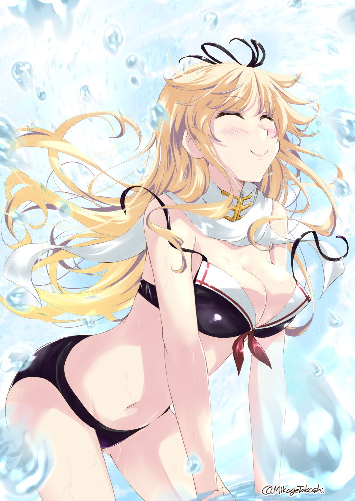 1girl ^_^ ass bangs bent_over bikini black_bikini blonde_hair blush bow breasts c: cleavage closed_eyes commentary_request eyebrows_visible_through_hair hair_bow hair_flaps hair_ribbon in_water kantai_collection long_hair midriff mikage_takashi navel ocean remodel_(kantai_collection) ribbon scarf sidelocks smile solo swimsuit white_scarf wind yuudachi_(kancolle)
