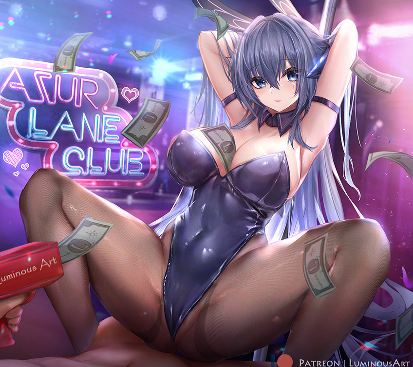 1boy 1girl animal_ears armband armpits arms_up azur_lane between_breasts black_legwear blue_eyes blue_hair bodystocking breasts cash_cannon cleavage club clubroom collar commentary cowgirl_position english_commentary headgear large_breasts looking_at_viewer luminous mixed-language_commentary new_jersey_(azur_lane) new_jersey_(exhilarating_steps!)_(azur_lane) official_alternate_costume pantyhose playboy_bunny pole prostitution rabbit_ears seductive_smile skin_tight skindentation smile spread_legs squatting squatting_cowgirl_position straddling stripper stripper_pole thick_thighs thighs weapon