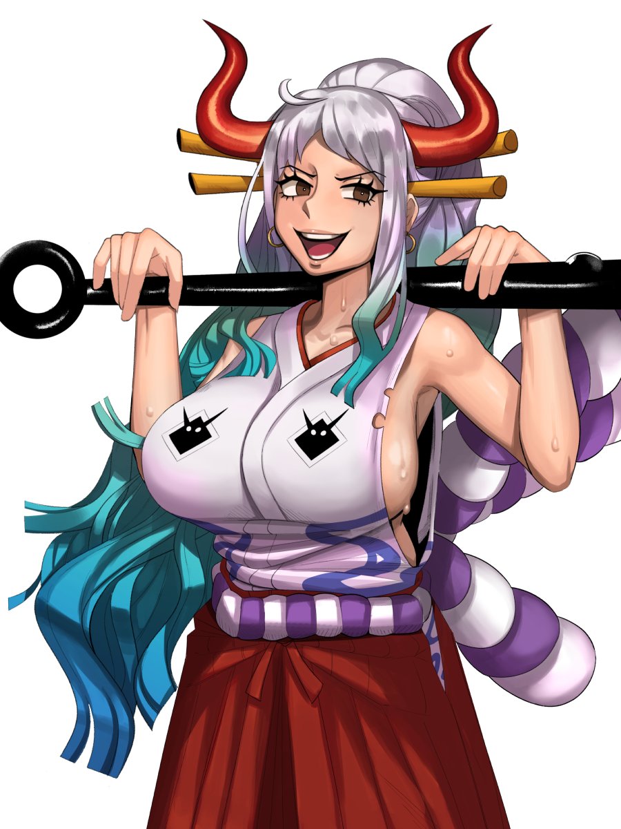 1girl aqua_hair bangs bare_arms bare_shoulders breasts chain club commission cuffs curled_horns earrings full_body geta hair_ornament hair_stick hakama high_ponytail highres holding holding_weapon horns japanese_clothes jewelry kanabou kevbot kimono large_breasts long_hair looking_at_viewer multicolored_hair multicolored_horns one_piece oni open_mouth orange_horns parted_bangs planted red_horns rope serious shackles shimenawa sideboob sidelocks simple_background sleeveless sleeveless_kimono solo two-tone_hair weapon white_background white_hair yamato_(one_piece) yellow_background yellow_eyes yellow_horns