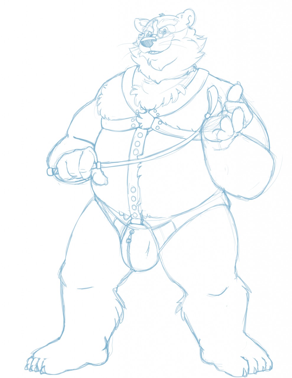 2018 anthro badger belly bravo bulge clothing eyewear genitals glasses harness hi_res humanoid_hands male mammal mature_male mustelid musteline overweight overweight_male penis simple_background sketch solo underwear white_background