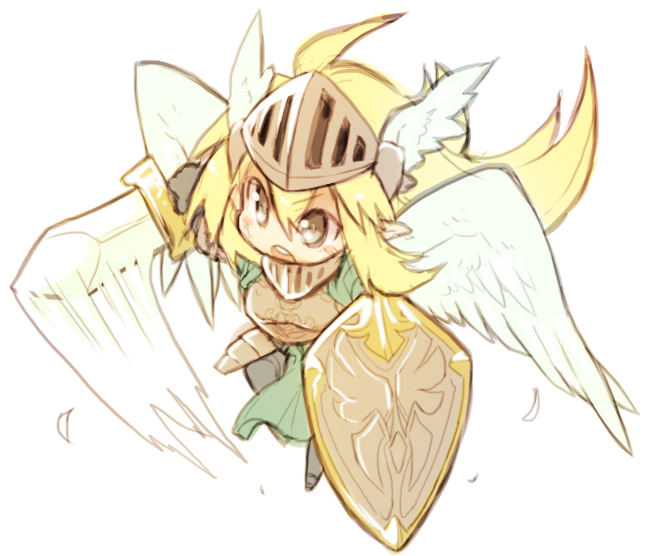 2014 ambiguous_gender armor elf humanoid melee_weapon mofuaki not_furry open_mouth shield simple_background solo sword weapon white_background winged_humanoid wings