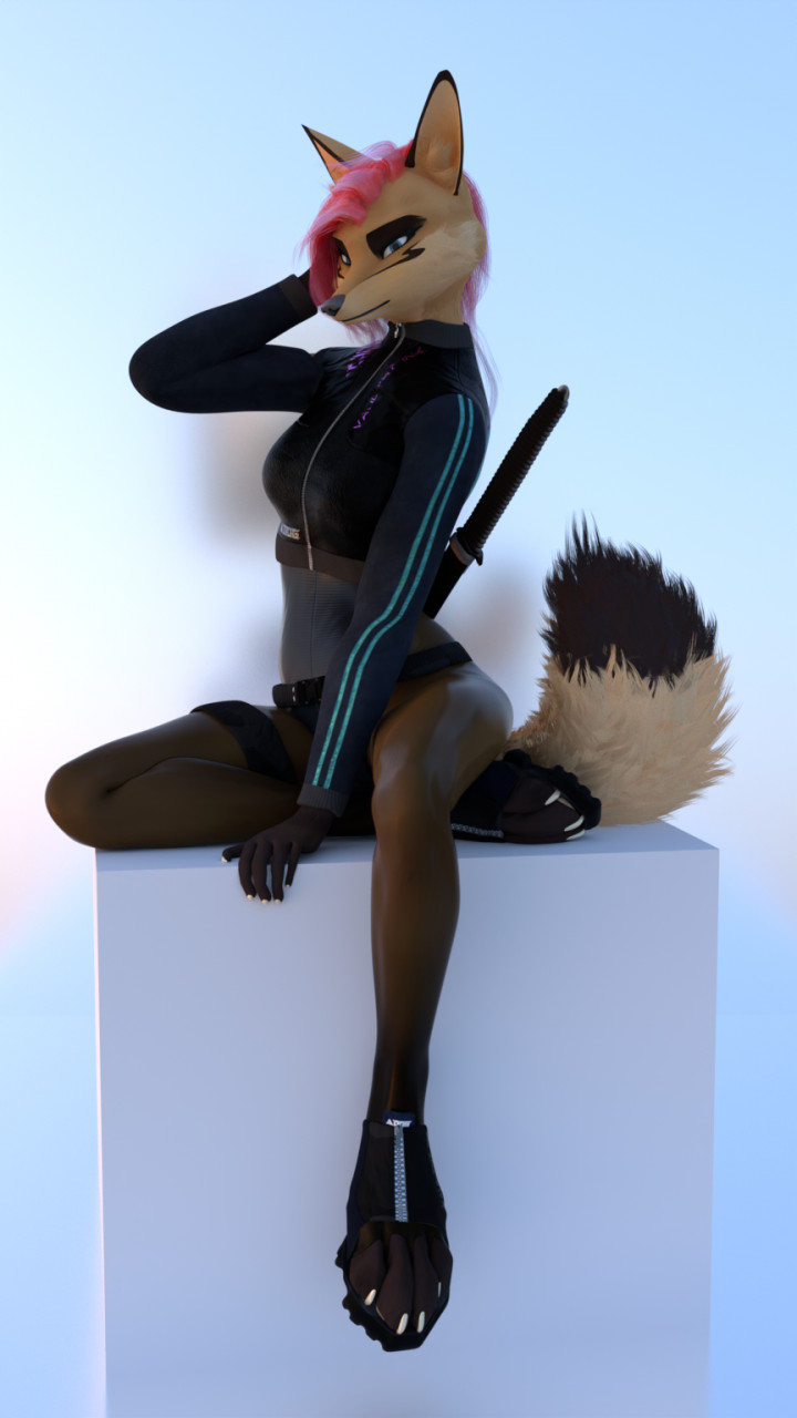 3d_(artwork) anthro boots bottomwear canid canine canis claws clothed clothing digital_media_(artwork) female footwear fox fur hair hi_res impreza legwear mammal melee_weapon multicolored_body multicolored_fur outside pink_hair simple_background solo sword tan_body tan_fur tights topwear tridognait weapon white_background