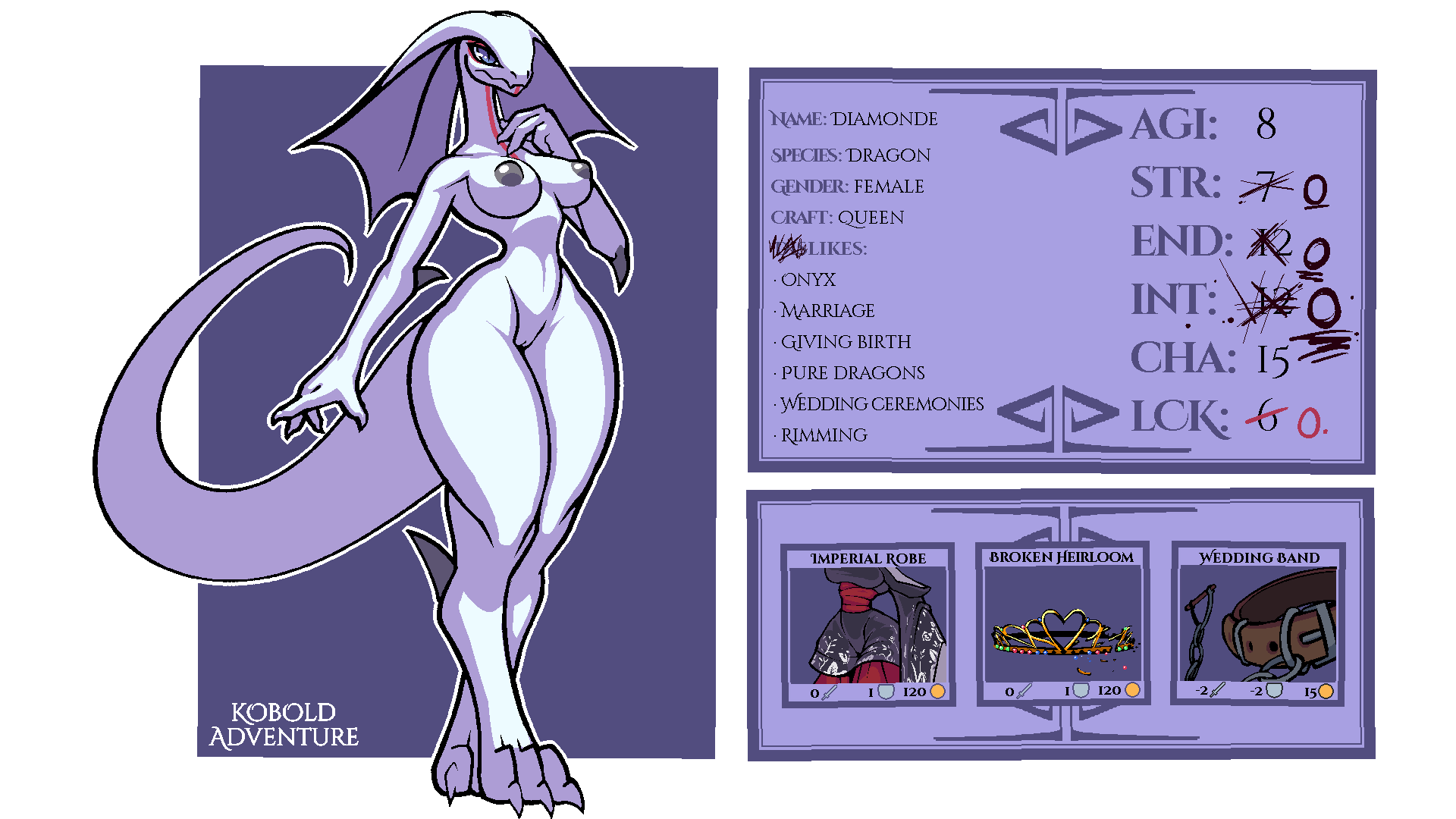 16:9 3_toes 4_fingers alpha_channel anthro blue_eyes breasts diamonde_(kobold_adventure) dragon english_text eyeshadow feet female fingers genitals hi_res kobold_adventure lizard makeup nude pussy quitetricky reptile royalty scalie simple_background solo story story_in_description text toes video_games white_body widescreen