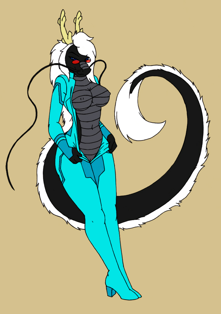 anthro asian_mythology black_body black_skin blue_eyes breasts dragon east_asian_mythology eastern_dragon female fur genitals hair horn looking_at_viewer mythology nude riptorstormwolf seductive solo white_body white_fur white_hair