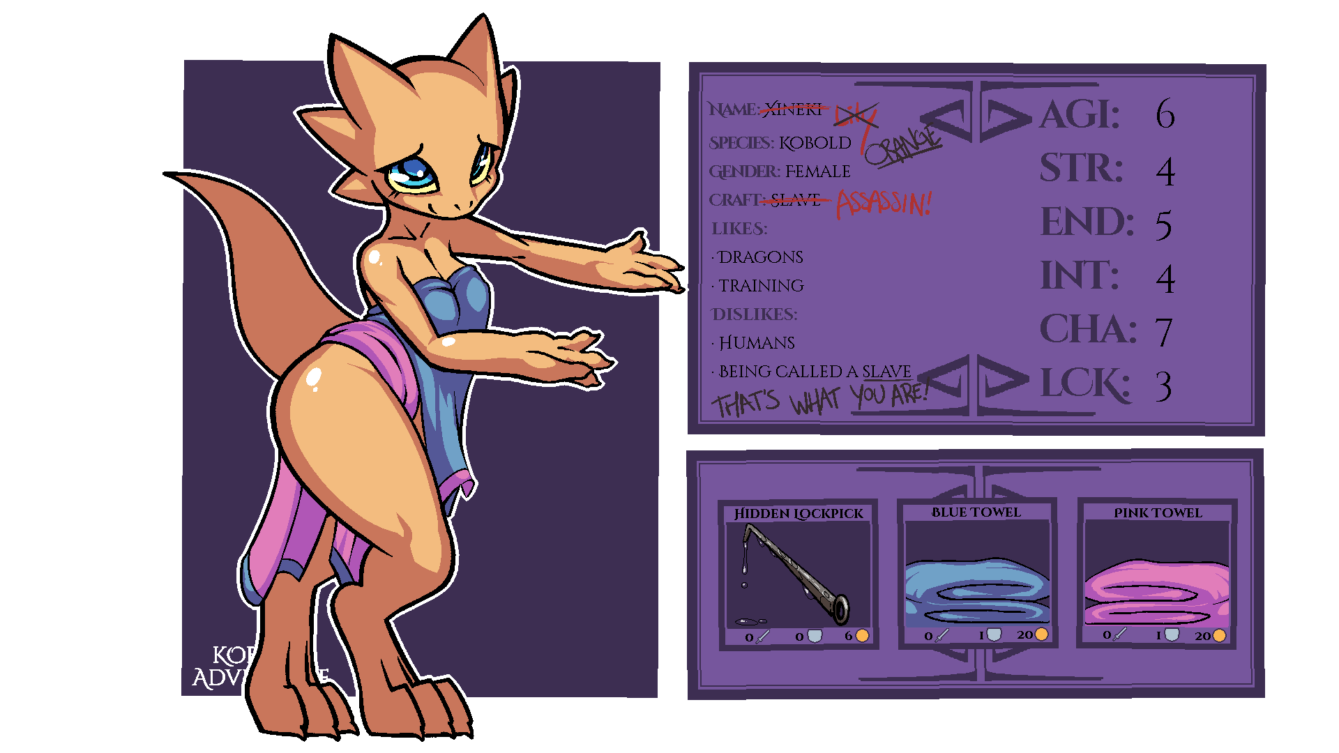 3_toes 4_fingers anthro blue_eyes claws feet female fingers hi_res horn kobold kobold_adventure lizard model_sheet orange_(kobold_adventure) orange_body quitetricky reptile scalie simple_background solo story story_in_description text toes towel video_games yellow_sclera