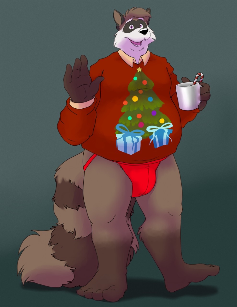 2017 anthro black_nose bravo brown_body brown_fur bulge christmas christmas_tree clothing cup fur hi_res holidays humanoid_hands jockstrap male mammal overweight overweight_male plant procyonid raccoon solo sweater topwear tree underwear white_body white_fur