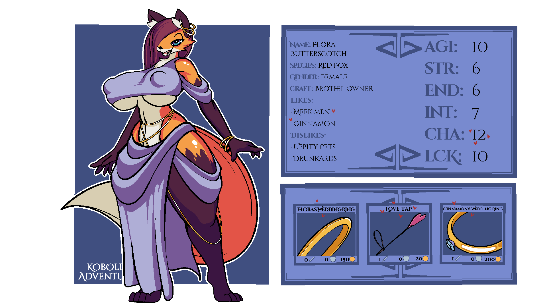 16:9 4_toes 5_fingers alpha_channel anthro big_breasts blue_eyes bracelet breasts canid canine clothing ear_piercing english_text feet female fingers flora_(kobold_adventure) fox hi_res inner_ear_fluff jewelry kobold_adventure mammal mature_female model_sheet piercing quitetricky red_fox simple_background solo story story_in_description text thick_thighs toes tuft under_boob video_games widescreen