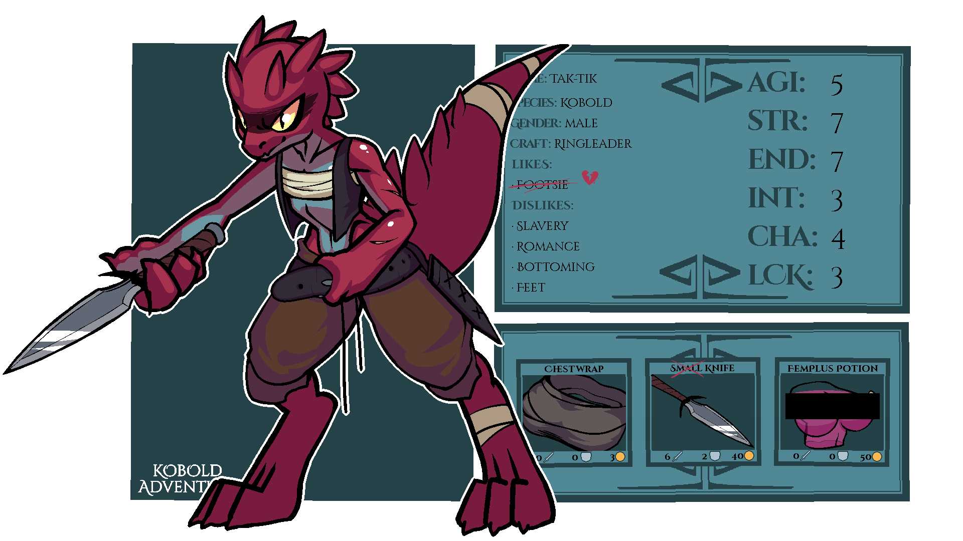 &lt;/3 3_toes 4_fingers anthro bandage belt censor_bar claws clothing feet fingers hi_res horn knife kobold kobold_adventure lizard male model_sheet quitetricky red_body reptile scalie scar simple_background solo story story_in_description tak-tik_(kobold_adventure) text toes video_games weapon yellow_sclera