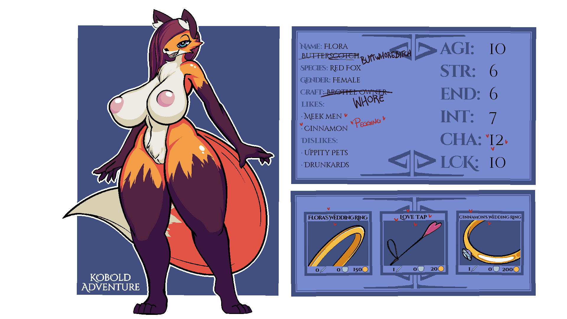 16:9 4_toes 5_fingers alpha_channel anthro big_breasts blue_eyes breasts canid canine feet female fingers flora_(kobold_adventure) fox genitals hanging_breasts hi_res inner_ear_fluff kobold_adventure mammal mature_female model_sheet nude pubes pussy quitetricky red_fox simple_background solo story story_in_description text thick_thighs toes tuft video_games widescreen